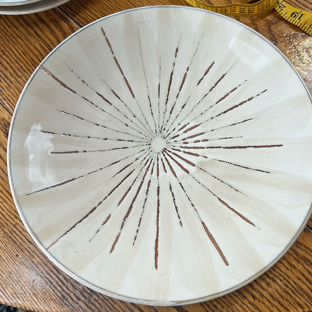 Pier 1 Stoneware 11.5” dinner plate. Retired Sanctuary pattern.  Cream, gray red